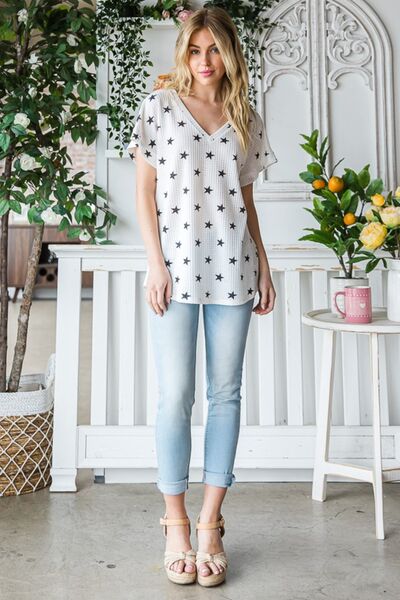 Heimish Full Size Star Print Short Sleeve V-Neck Waffle Knit T-Shirt - AllIn Computer