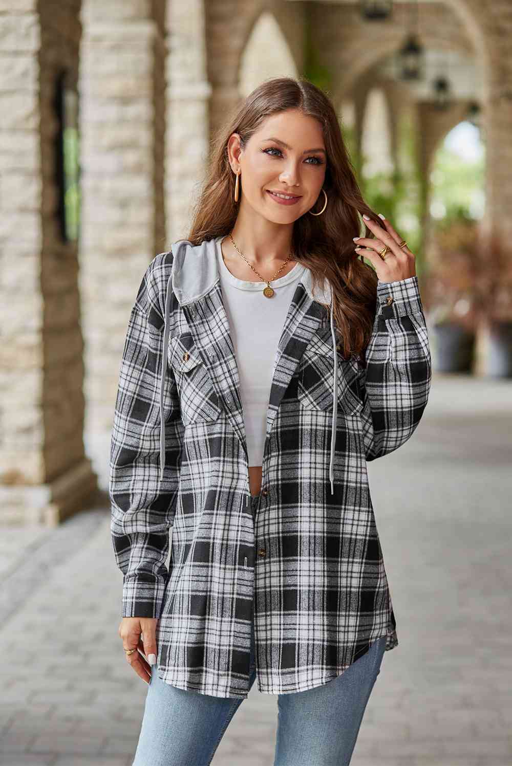 Plaid Long Sleeve Hooded Jacket - AllIn Computer
