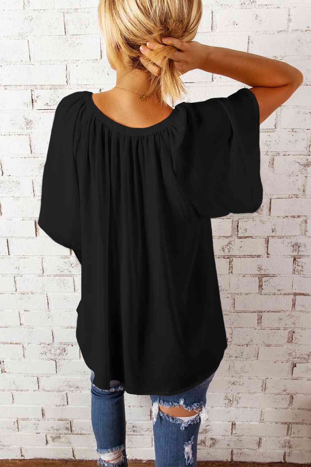 Gathered Detail Notched Neck Flutter Sleeve Top - AllIn Computer
