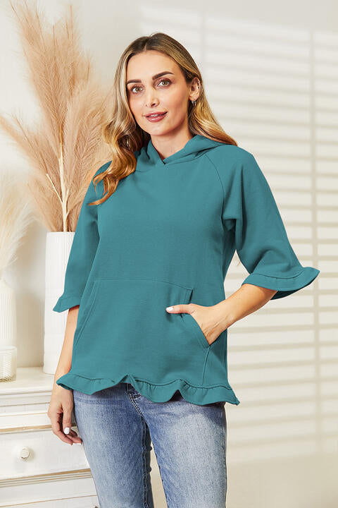 Ninexis Full Size Raglan Sleeve Ruffled Hoodie with Pocket - AllIn Computer