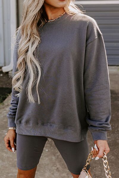 Round Neck Drop Shoulder Sweatshirt and Shorts Set - AllIn Computer