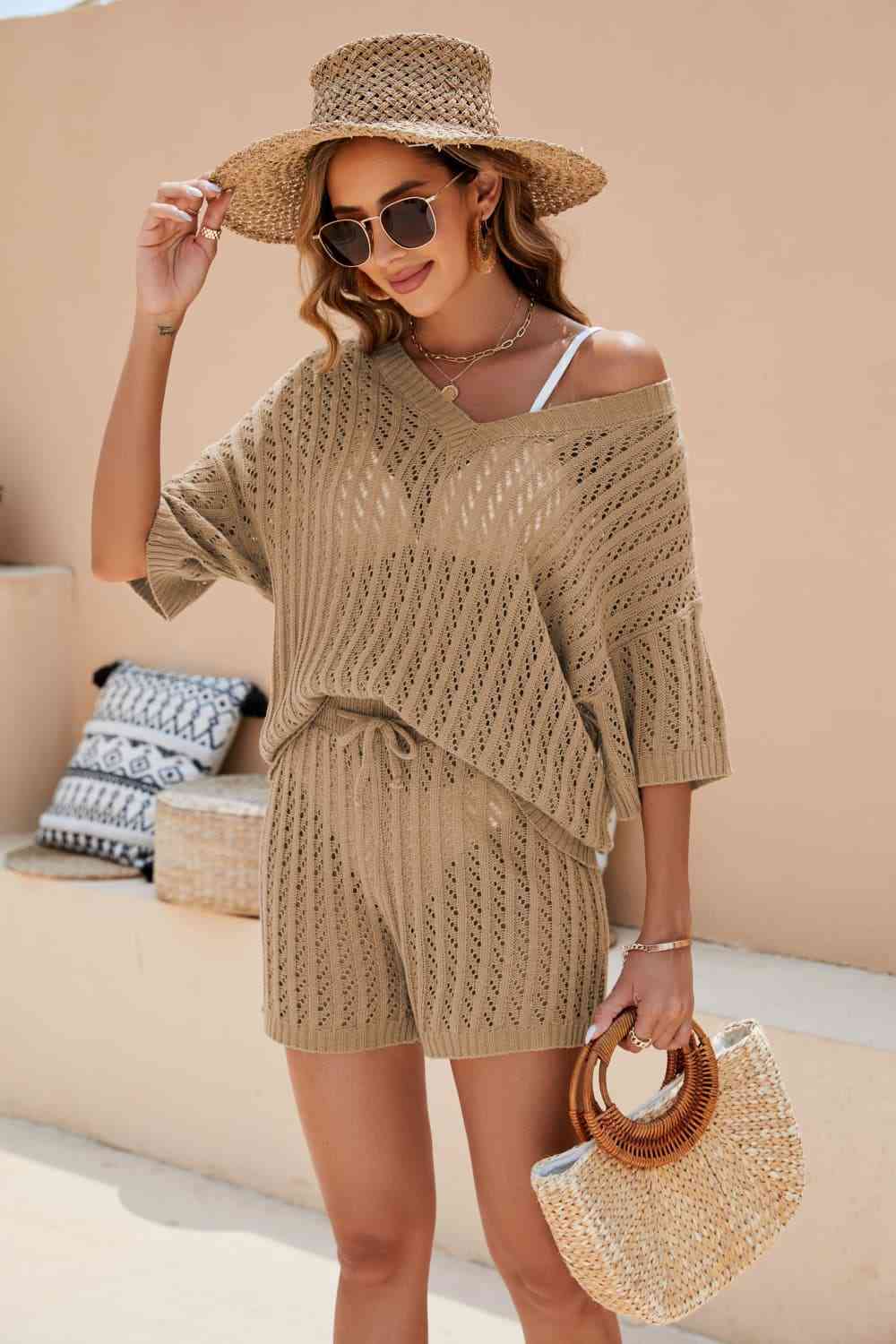 Openwork V-Neck Top and Shorts Set - AllIn Computer