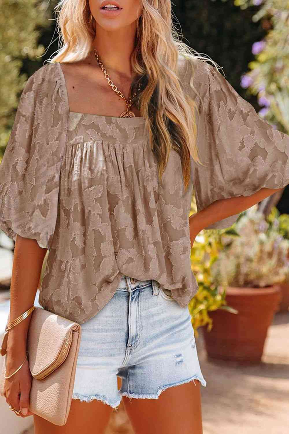 Square Neck Puff Sleeve Blouse - AllIn Computer
