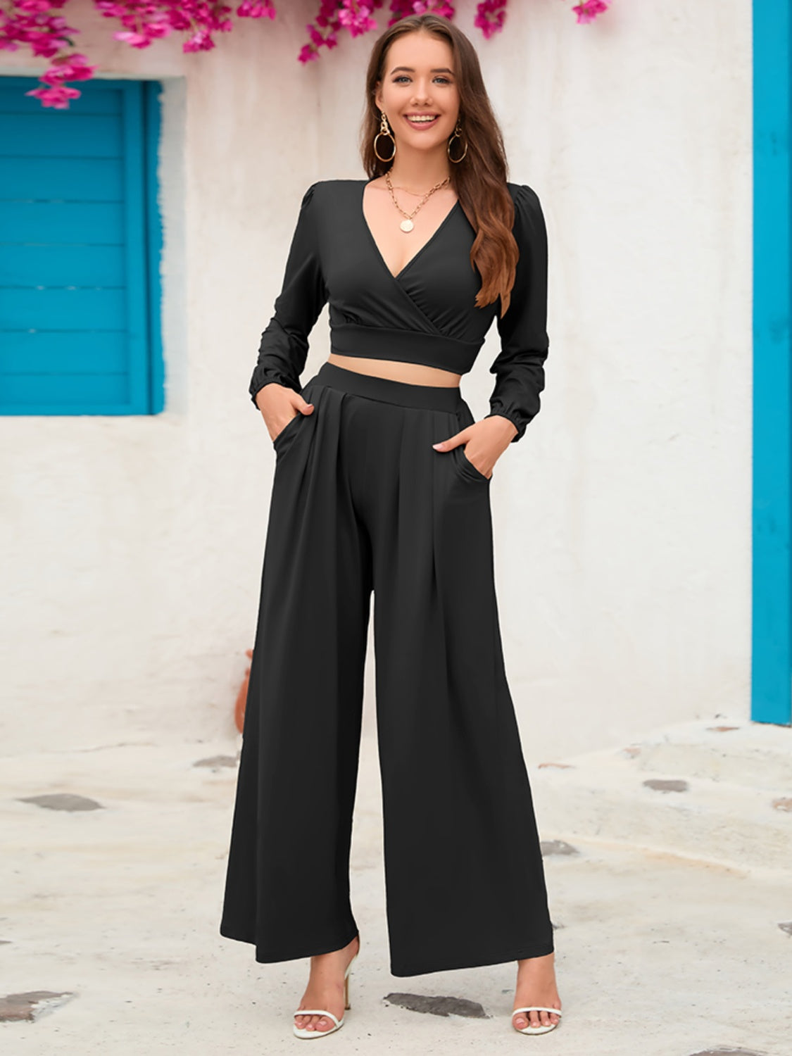 Surplice Top and Wide Leg Pants Set - AllIn Computer