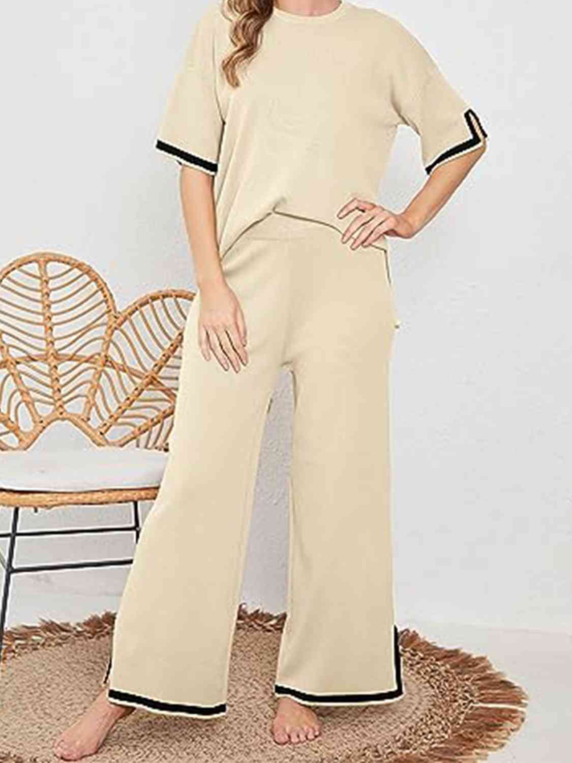 Contrast High-Low Sweater and Knit Pants Set - AllIn Computer