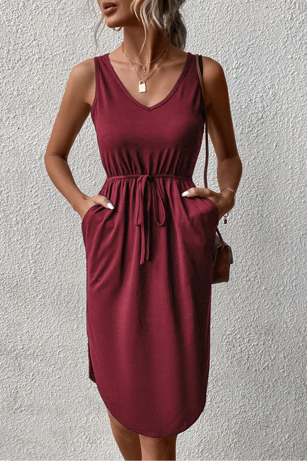 V-Neck Curved Hem Sleeveless Dress - AllIn Computer