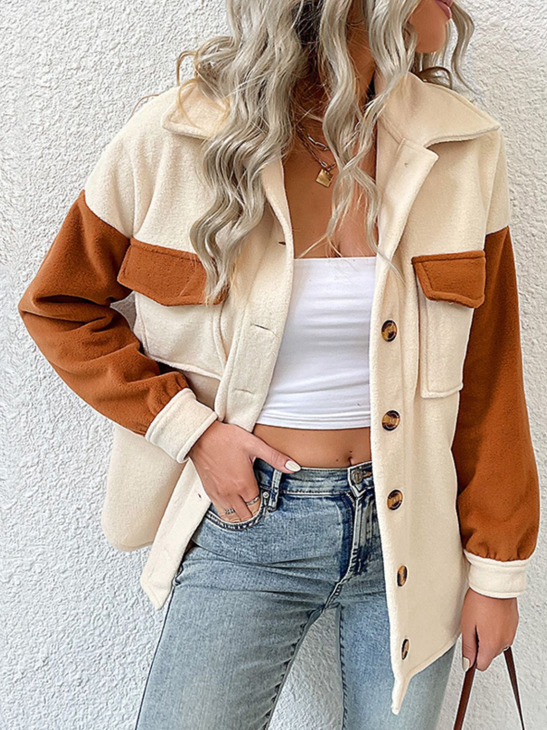 Double Take Contrast Button-Up Fleece Jacket - AllIn Computer