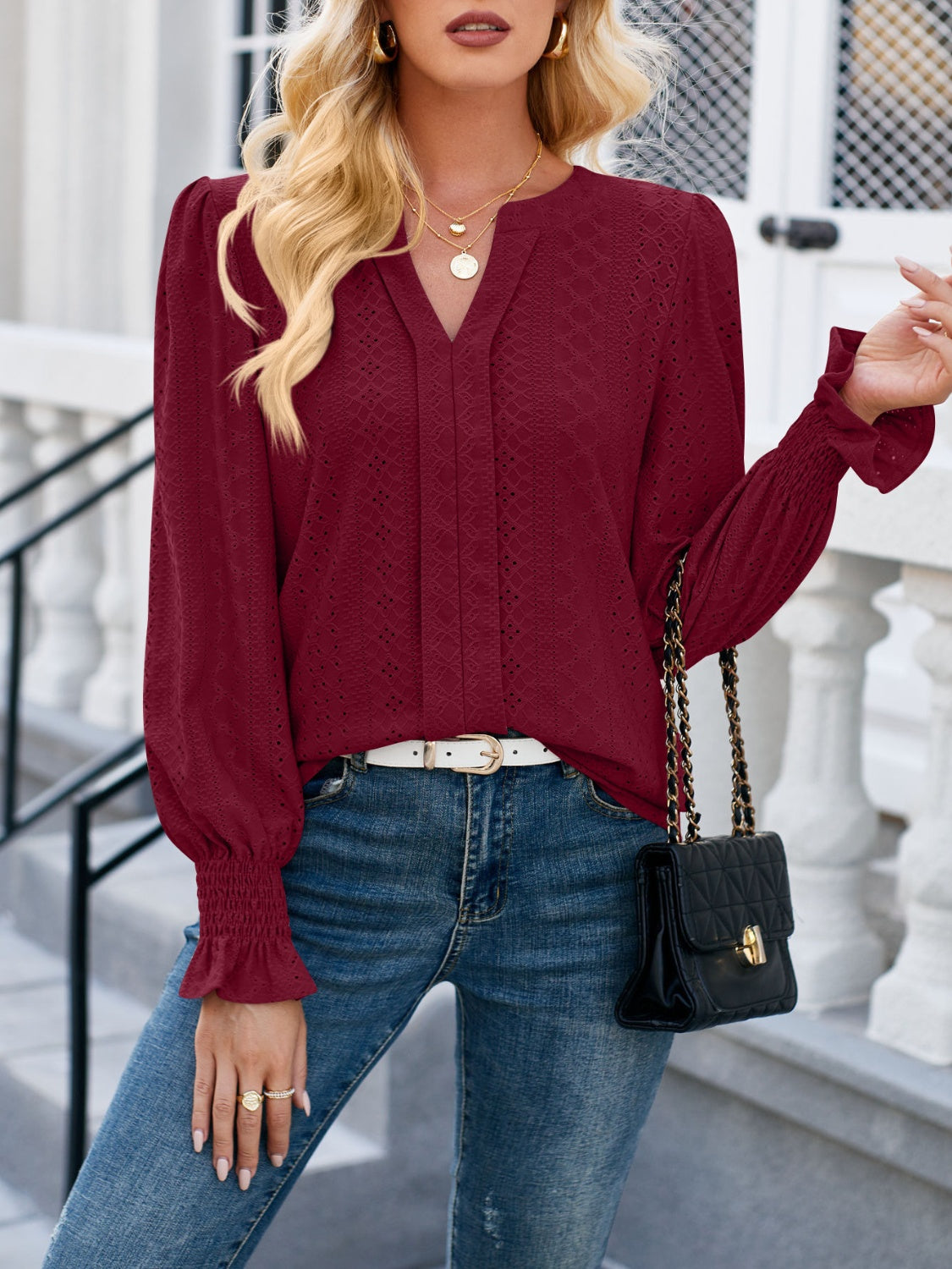 Eyelet Notched Flounce Sleeve Blouse - AllIn Computer