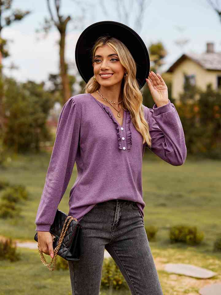 Puff Sleeve Ruffle Trim Blouse - AllIn Computer