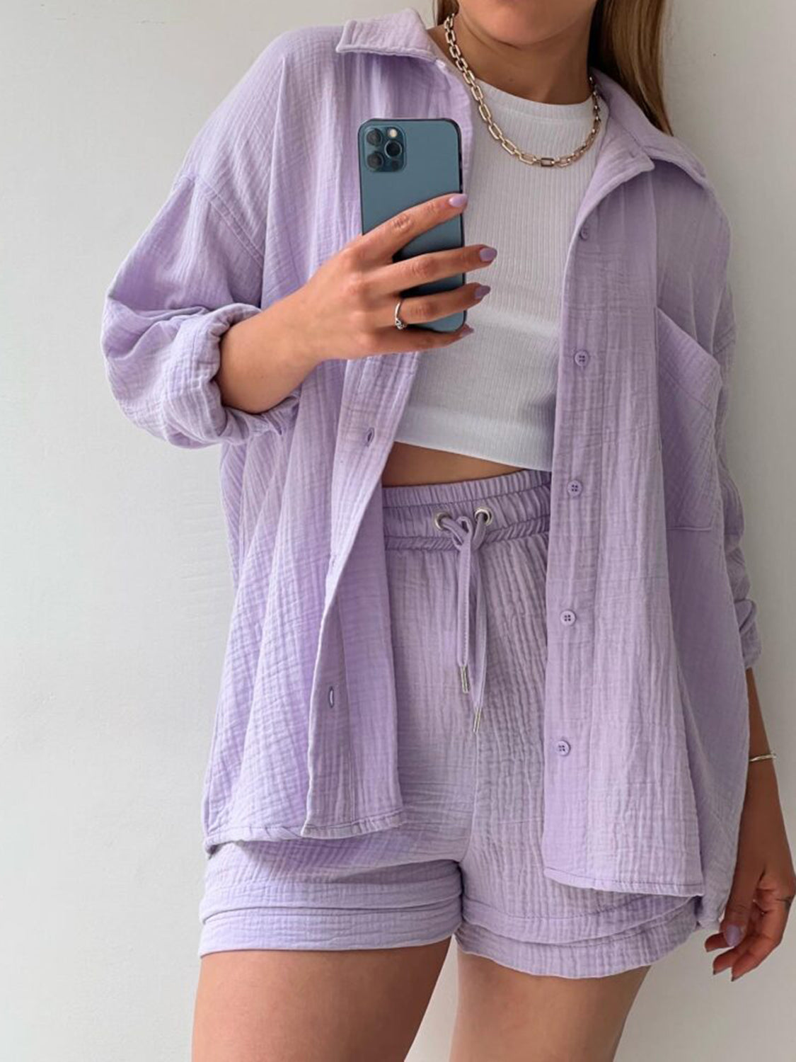Texture Button Up Shirt and Drawstring Shorts Set - AllIn Computer