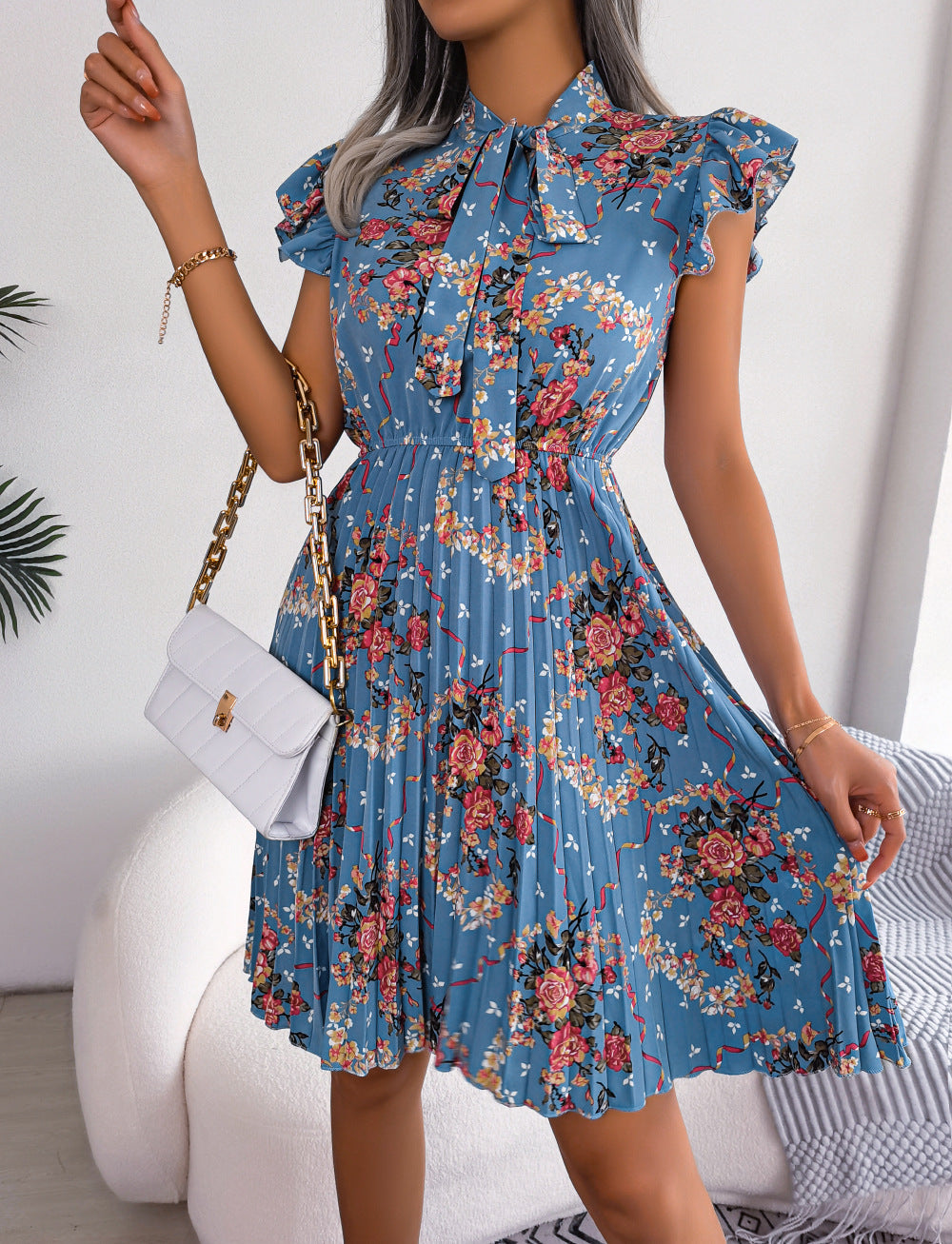 Pleated Floral Printed Tie Neck Knee Length Dress - AllIn Computer