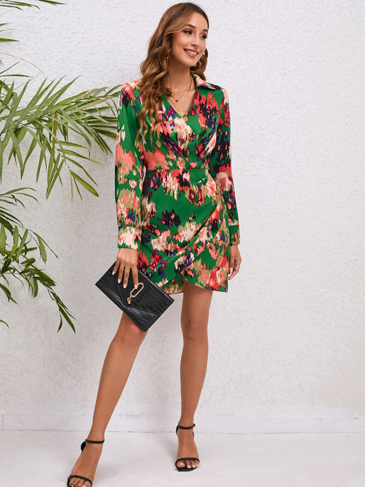 Printed Long Sleeve Tulip Hem Dress - AllIn Computer