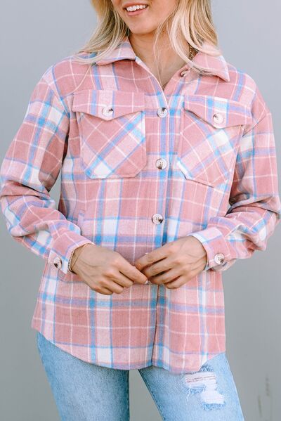 Plaid Pocketed Collared Neck Button Up Jacket - AllIn Computer
