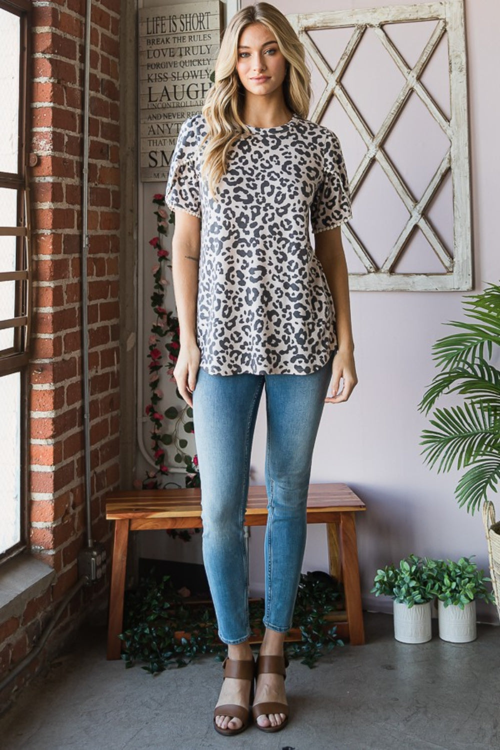 Heimish Leopard Round Neck Petal Sleeve T-Shirt - AllIn Computer