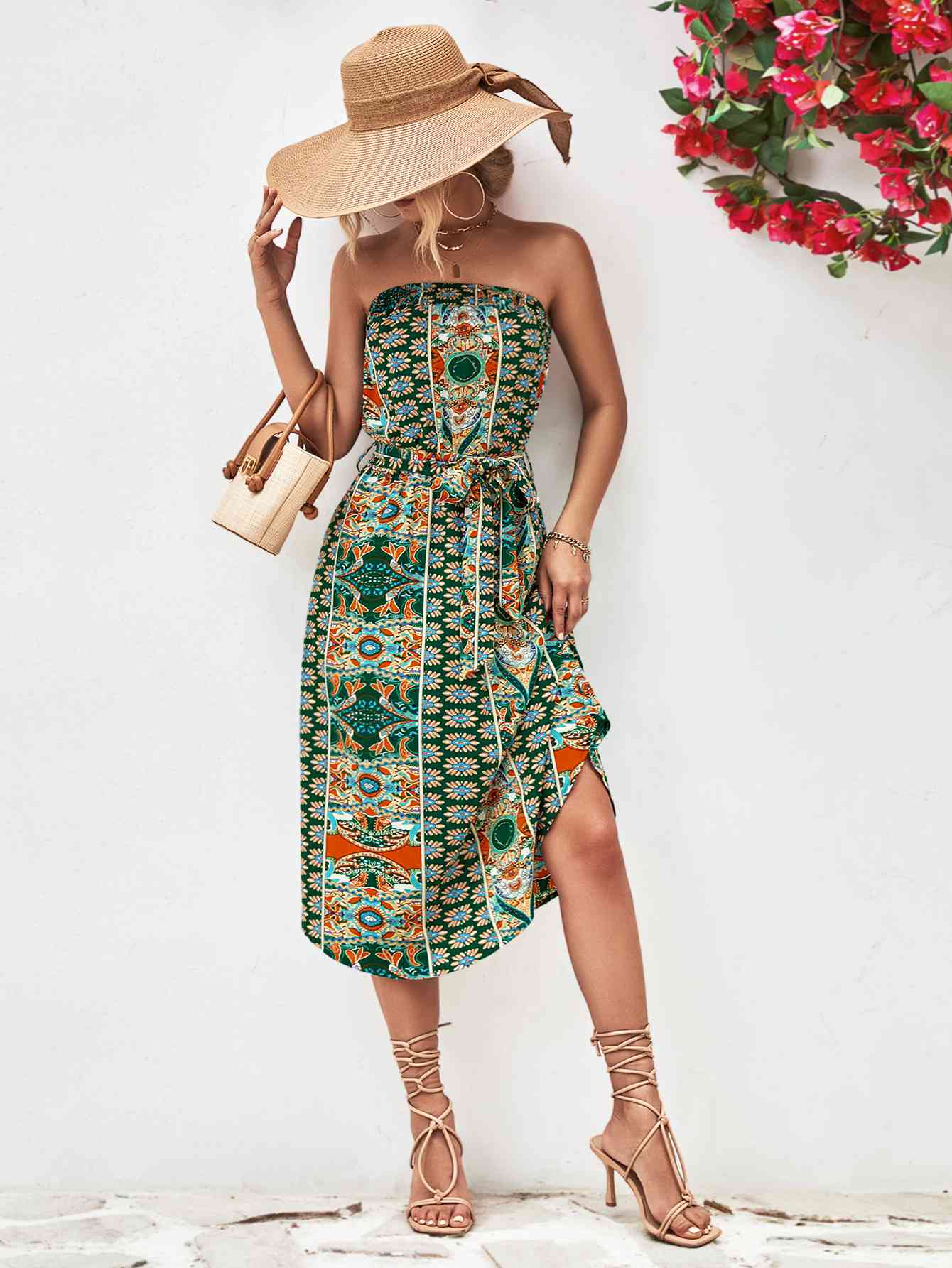 Printed Strapless Tie Belt Dress - AllIn Computer