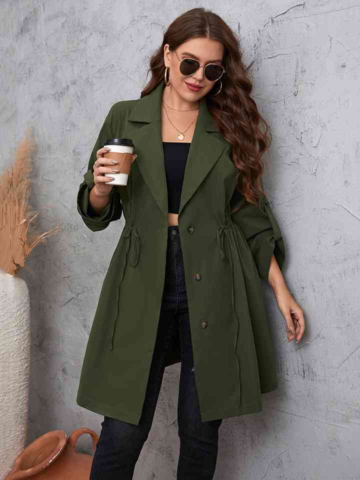 Plus Size Lapel Collar Roll-Tab Sleeve Trench Coat - AllIn Computer