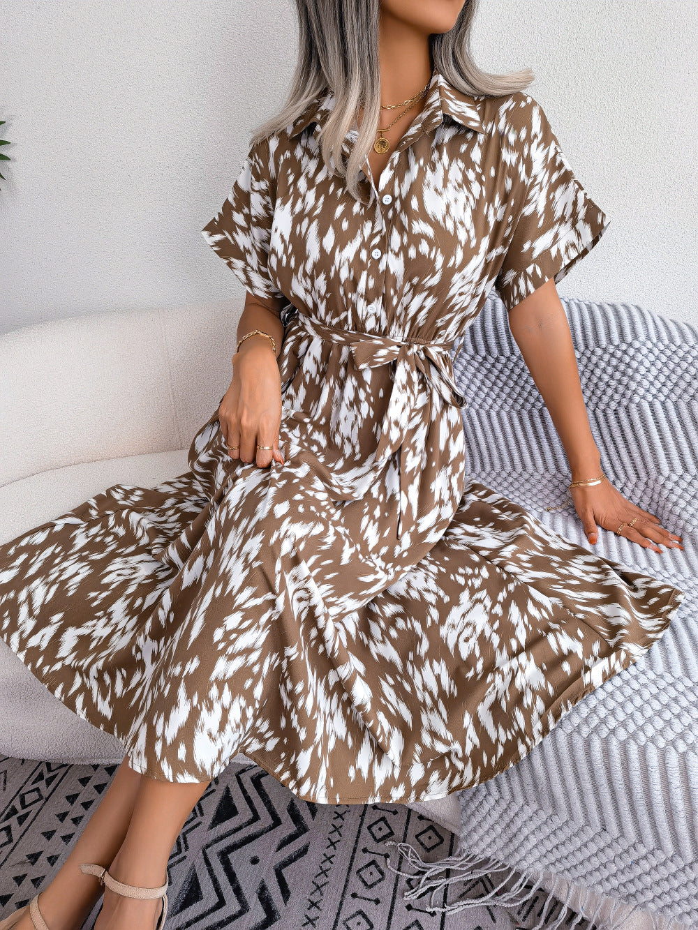 Printed Collared Neck Short Sleeve Tie Waist Dress - AllIn Computer