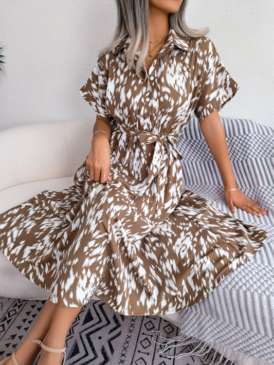 Printed Collared Neck Short Sleeve Tie Waist Dress - AllIn Computer