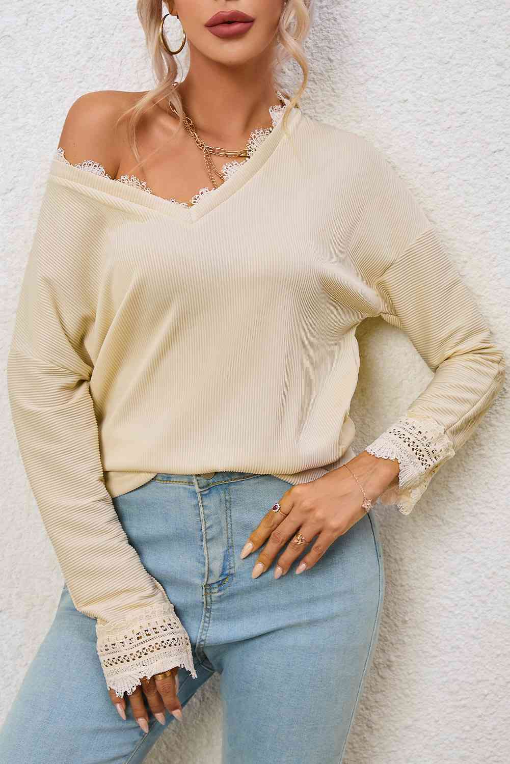 Spliced Lace V-Neck Ribbed Top - AllIn Computer