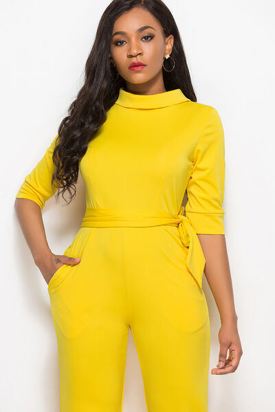 Mock Neck Tie-Waist Half Sleeve Jumpsuit - AllIn Computer