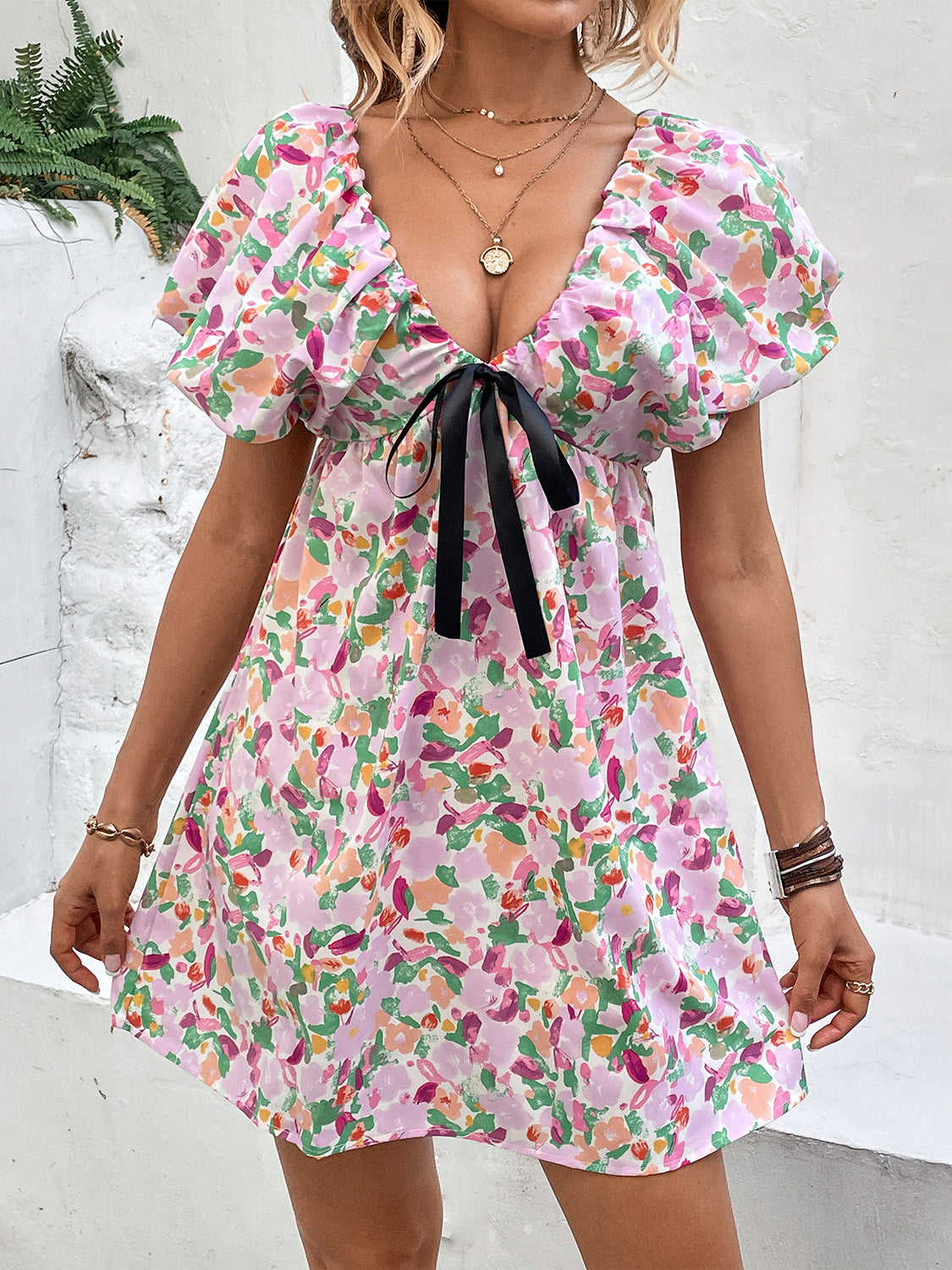 Printed V-Neck Puff Sleeve Mini Dress - AllIn Computer