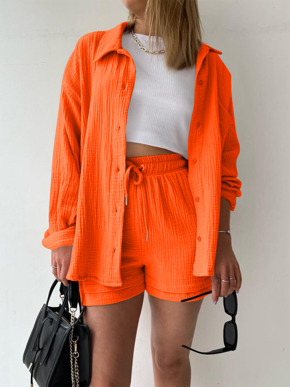Texture Button Up Shirt and Drawstring Shorts Set - AllIn Computer