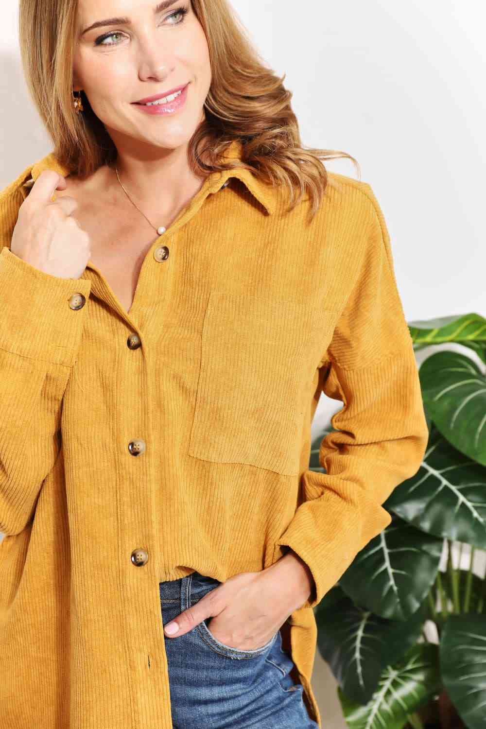 HEYSON Full Size Oversized Corduroy  Button-Down Tunic Shirt with Bust Pocket - AllIn Computer