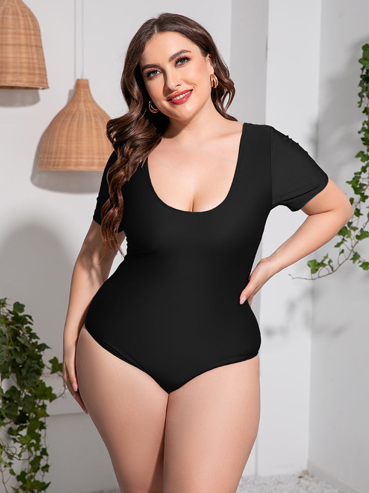 Plus Size Scoop Neck Short Sleeve One-Piece Swimsuit - AllIn Computer