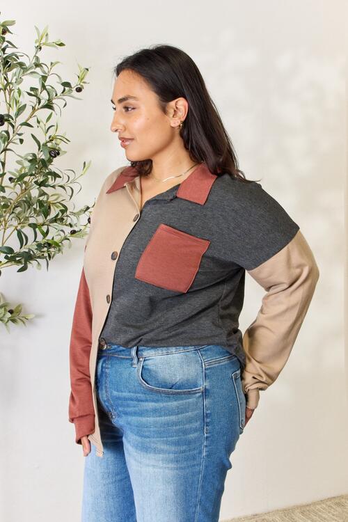 Heimish Full Size Color Block Button Down Shacket - AllIn Computer