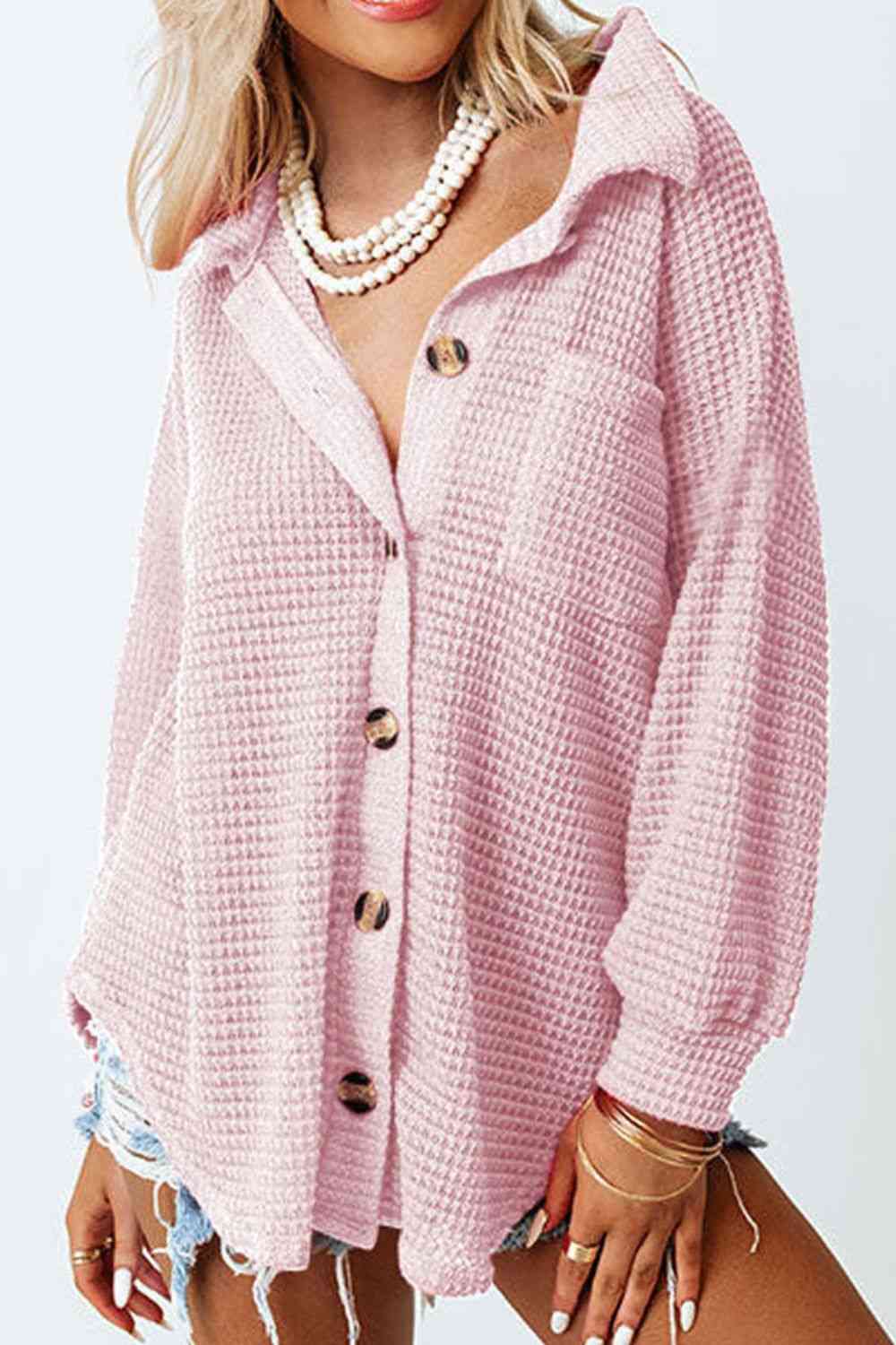 Waffle-Knit Button Up Long Sleeve Shirt with Pocket - AllIn Computer