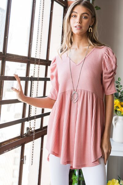 Heimish Full Size Waffle Knit V-Neck Babydoll Top - AllIn Computer
