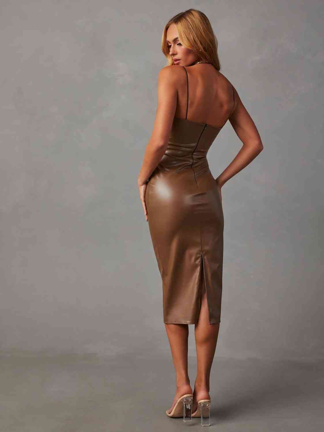 PU Slit Midi Dress - AllIn Computer