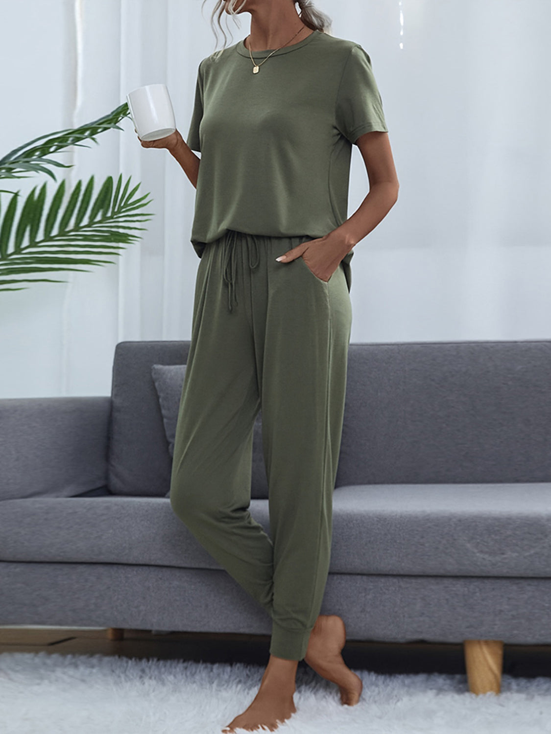 Round Neck Short Sleeve Top and Pants Set - AllIn Computer
