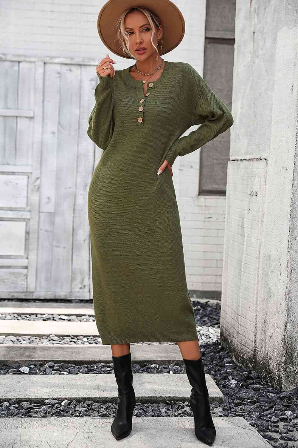 Notched Neck Dropped Shoulder Button-Down Midi Dress - AllIn Computer