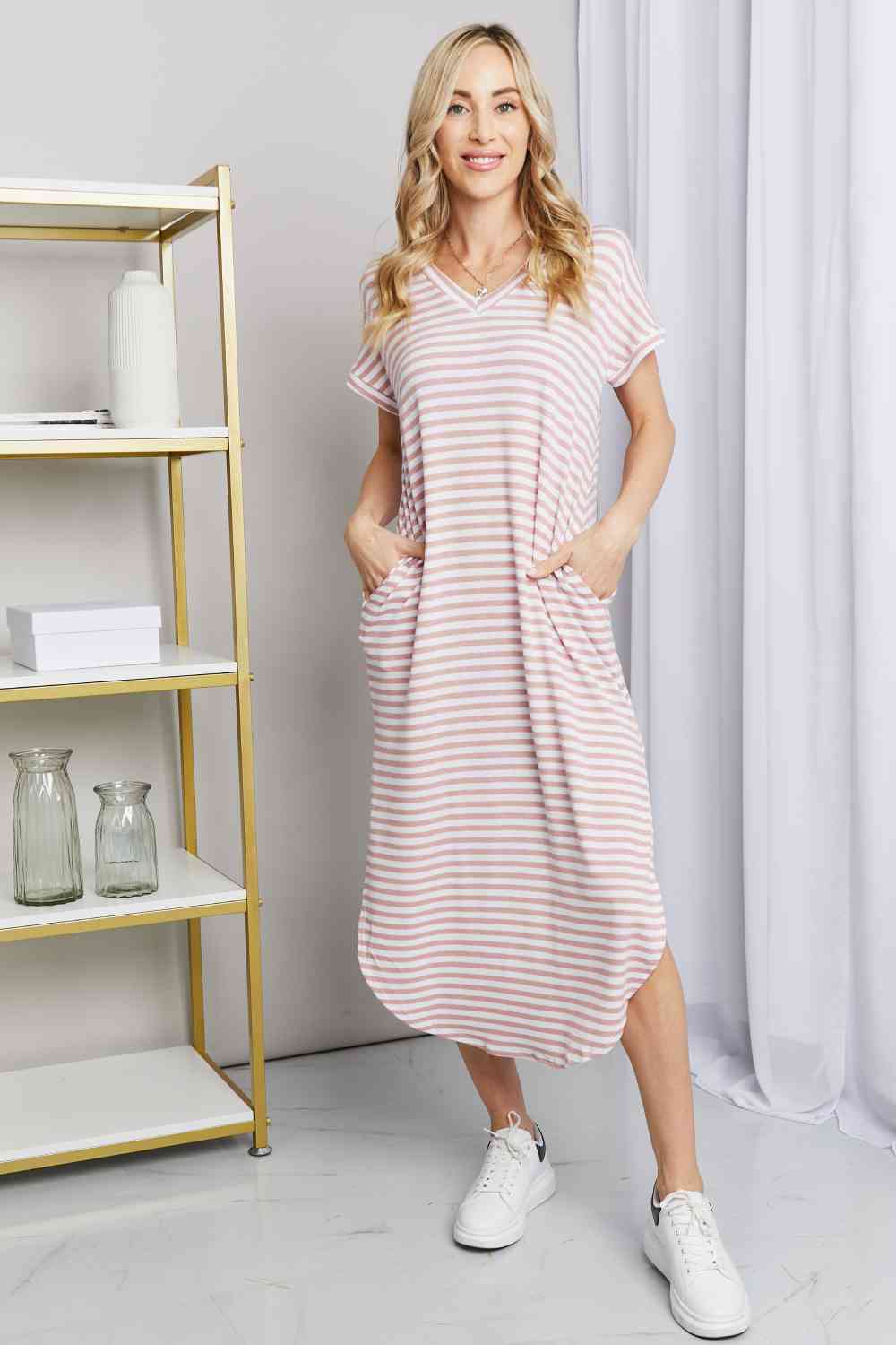 Heimish Full Size Horizontal Stripe Side Slit V-Neck Dress - AllIn Computer