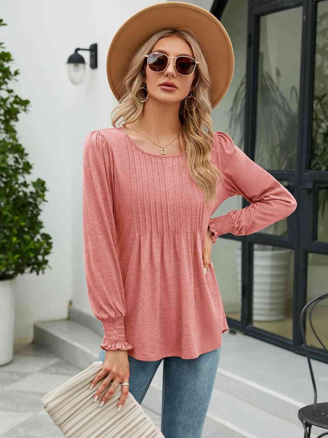 Smocked Round Neck Lantern Sleeve Blouse - AllIn Computer