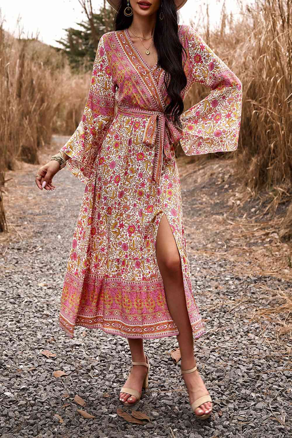 Bohemian Surplice Neck Slit Dress - AllIn Computer