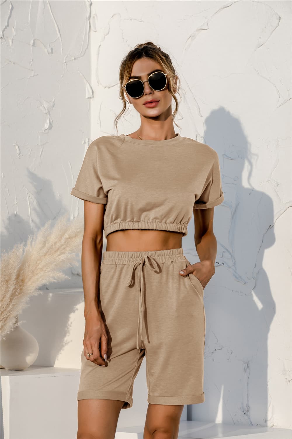 Short Sleeve Cropped Top and Drawstring Shorts Lounge Set - AllIn Computer
