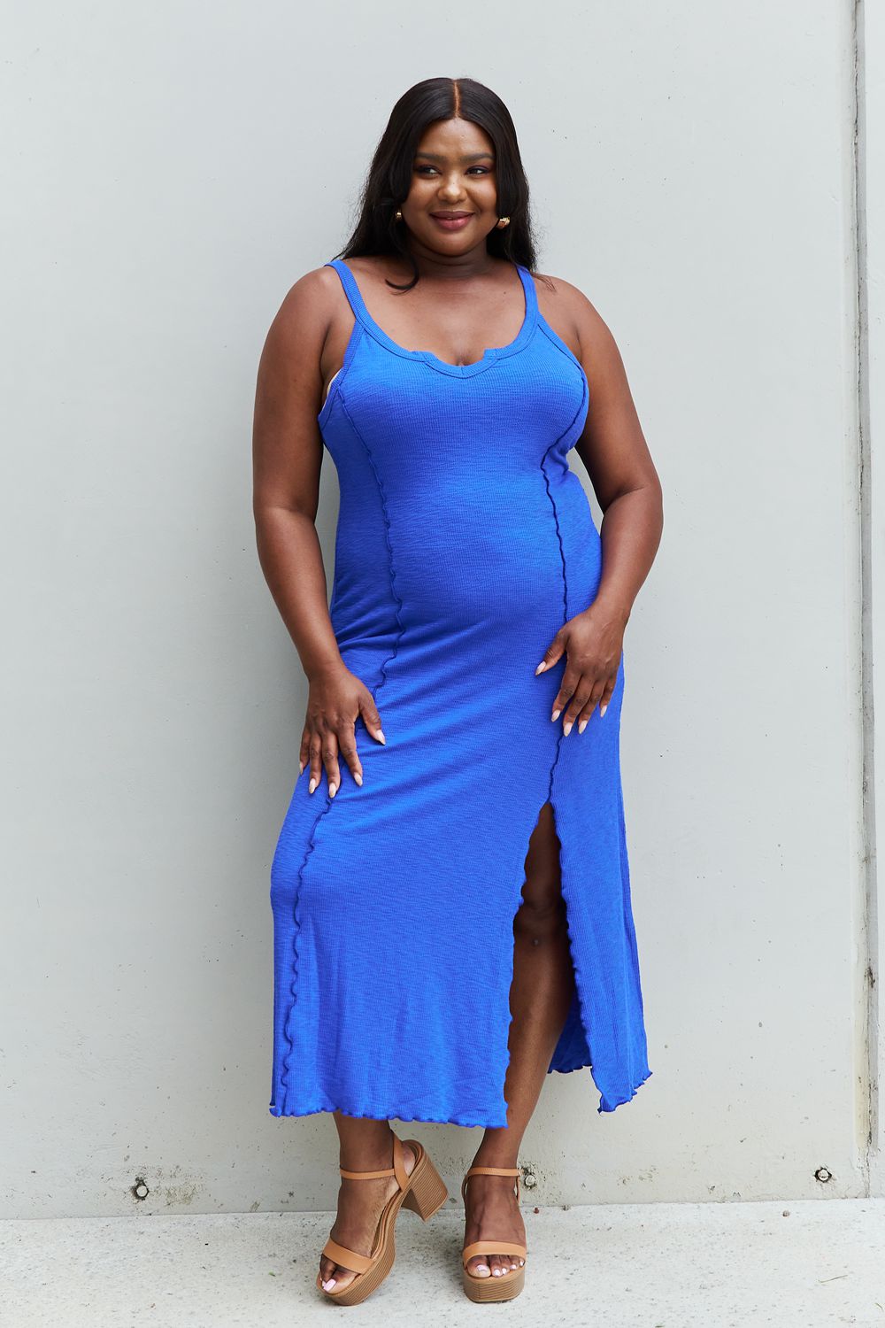 Culture Code Look At Me Full Size Notch Neck Maxi Dress with Slit in Cobalt Blue - AllIn Computer