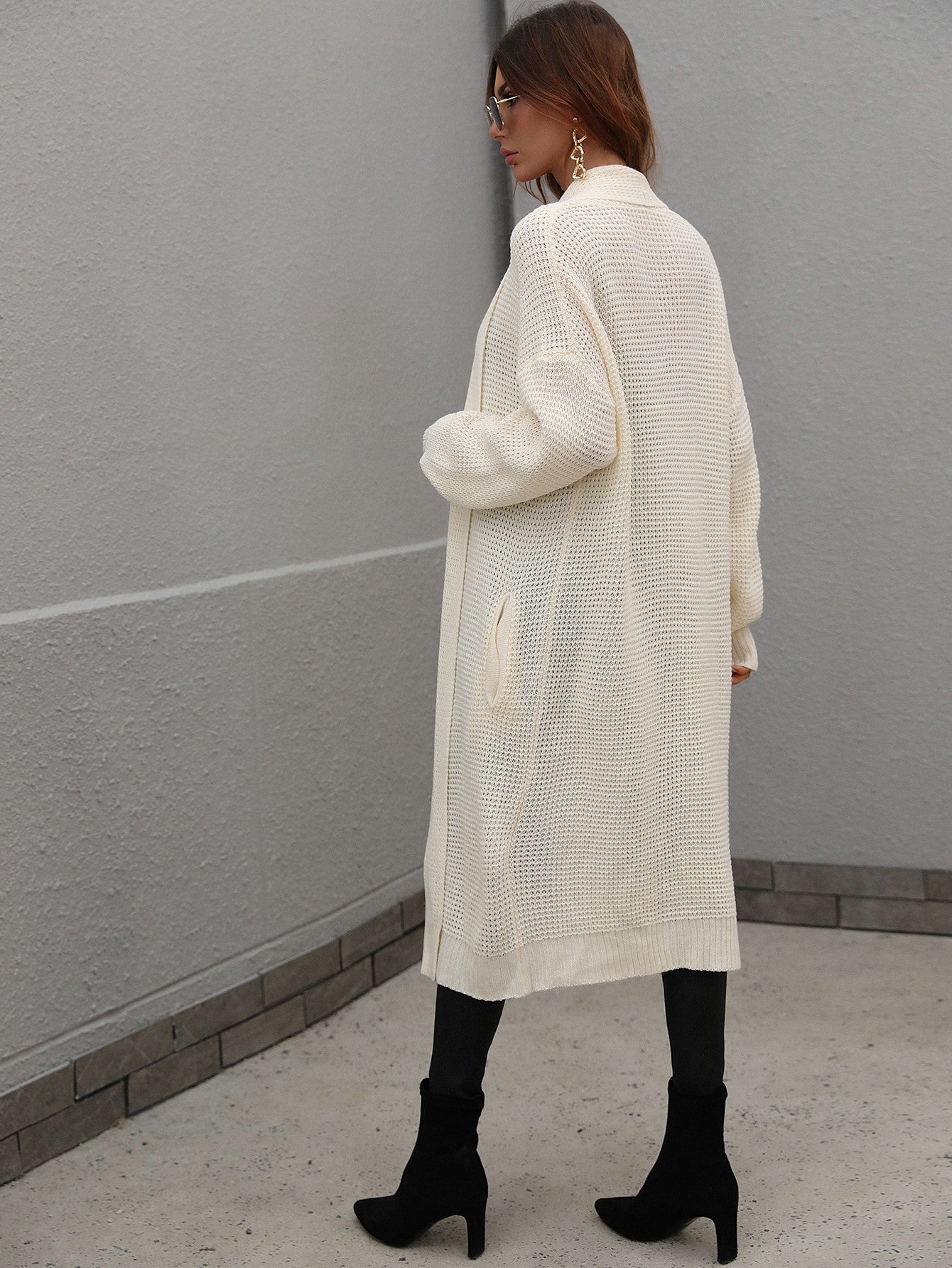 Double Take Waffle Knit Open Front Duster Cardigan With Pockets - AllIn Computer