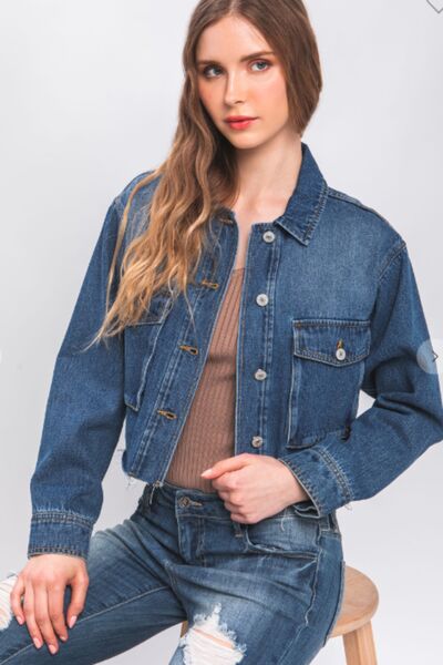 LOVE TREE Raw Hem Button Up Cropped Denim Jacket - AllIn Computer