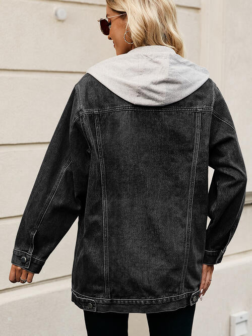 Drawstring Button Up Hooded Denim Jacket - AllIn Computer