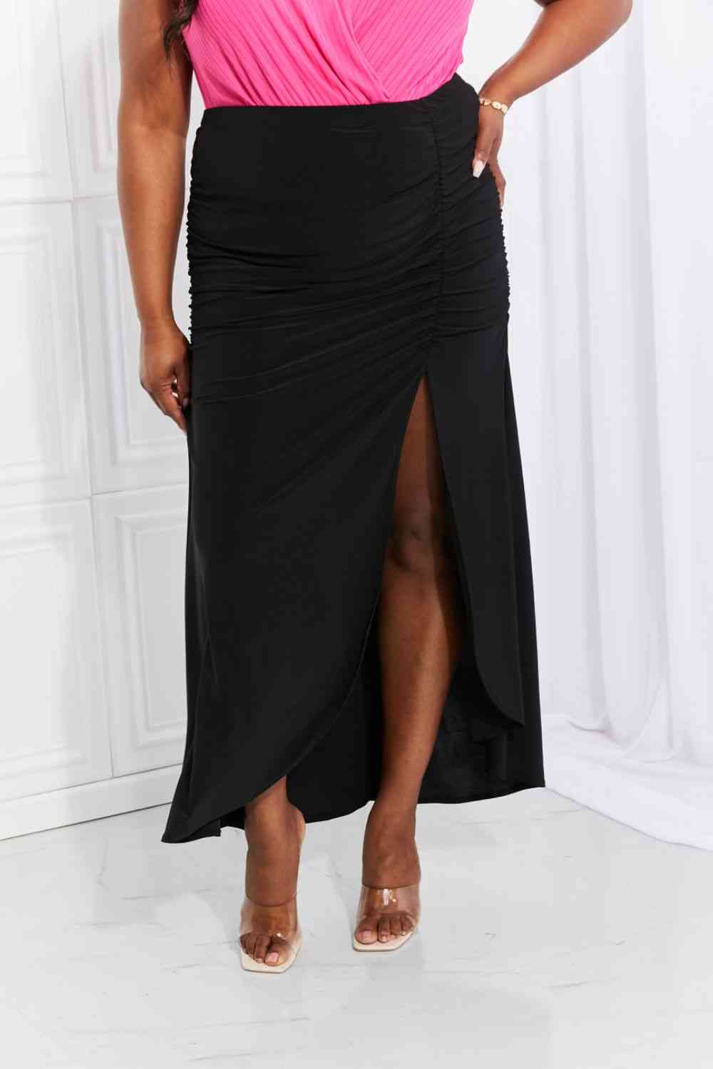 White Birch Full Size Up and Up Ruched Slit Maxi Skirt in Black - AllIn Computer