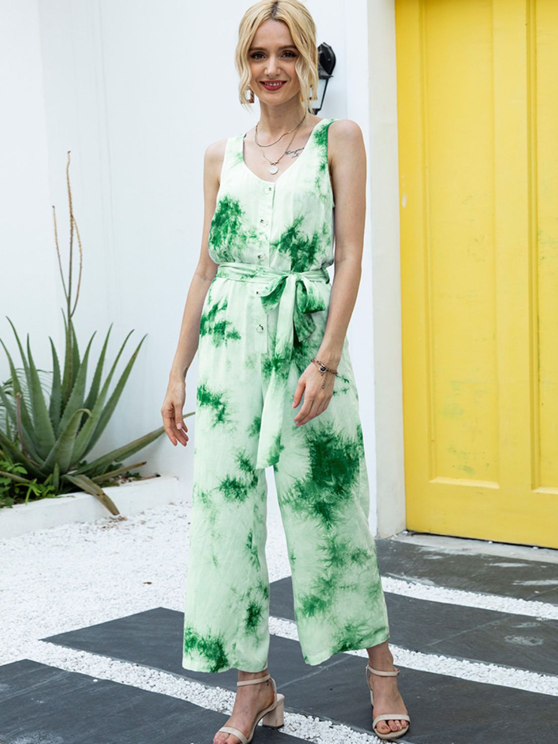 Tie-Dye Tie Waist Sleeveless Jumpsuit - AllIn Computer