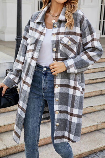 Plaid Button Up Collared Neck Coat with Pockets - AllIn Computer