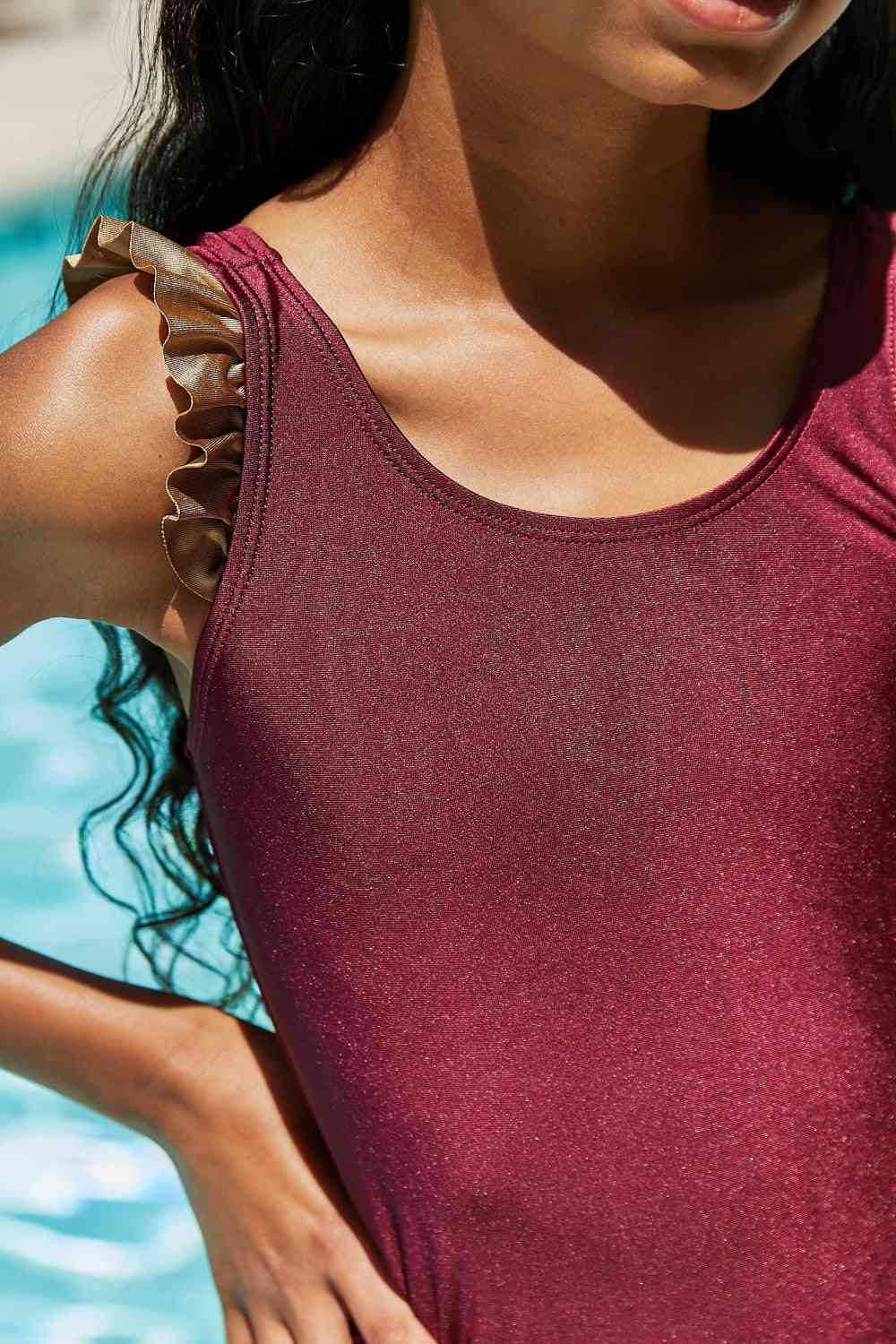 Marina West Swim Wave Break Contrast Trim One-Piece in Wine - AllIn Computer