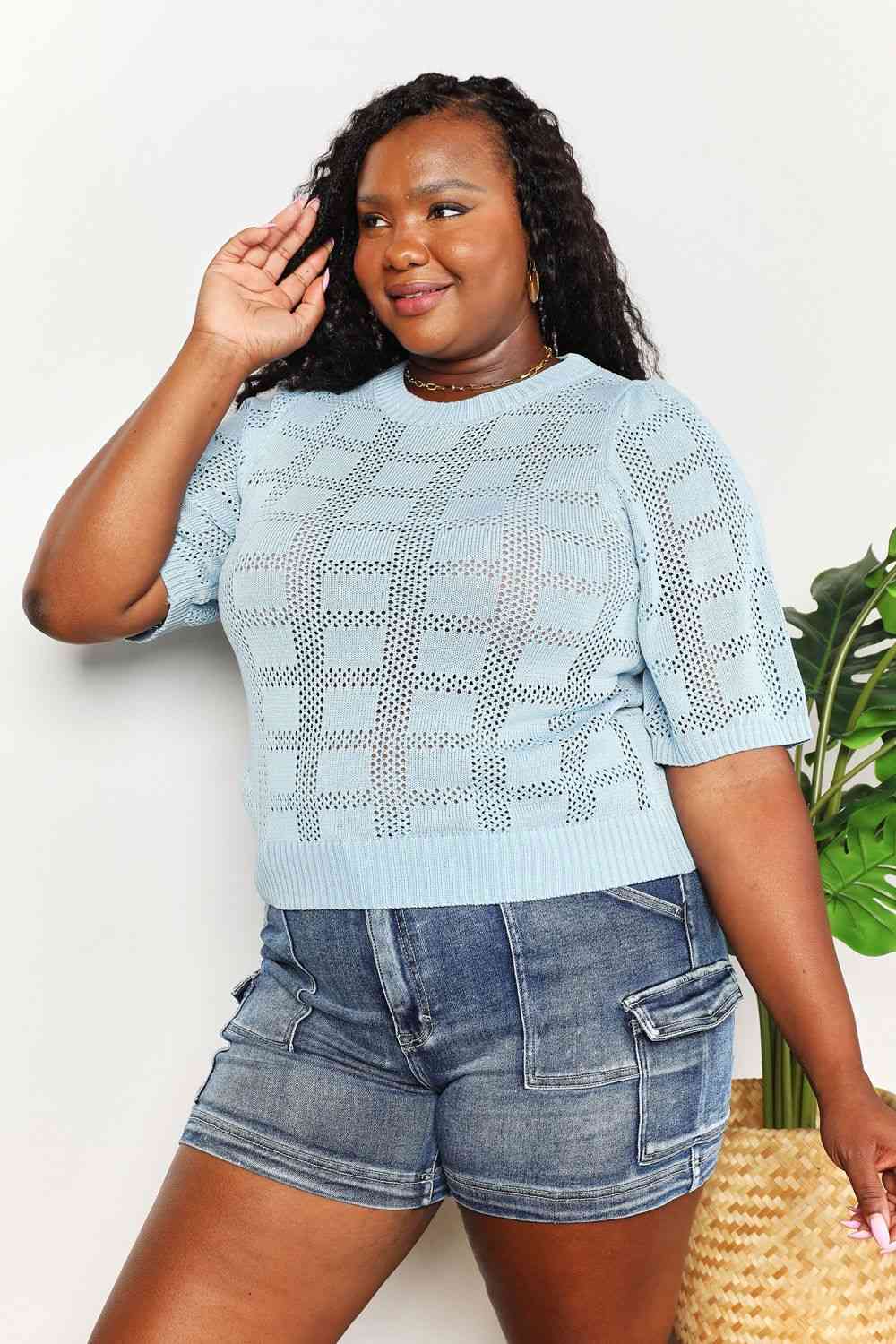 Double Take Ribbed Trim Round Neck Knit Top - AllIn Computer