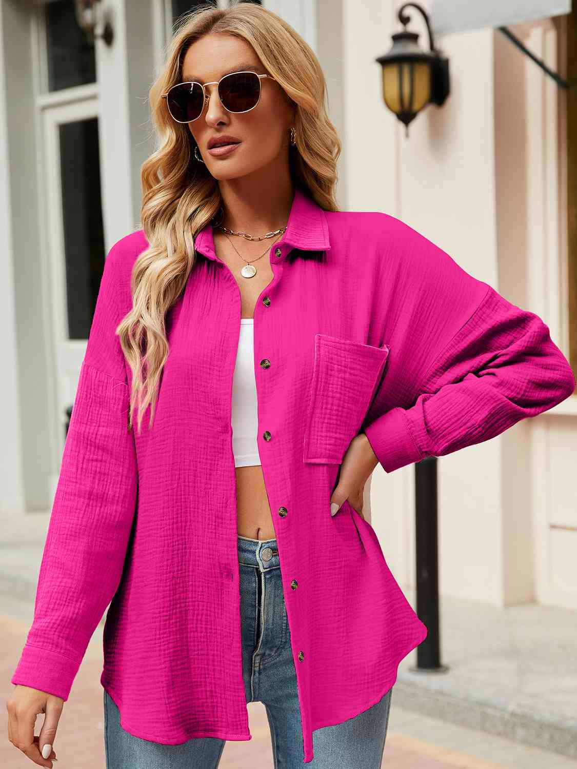 Button Up Collared Neck Drop Shoulder Shirt - AllIn Computer