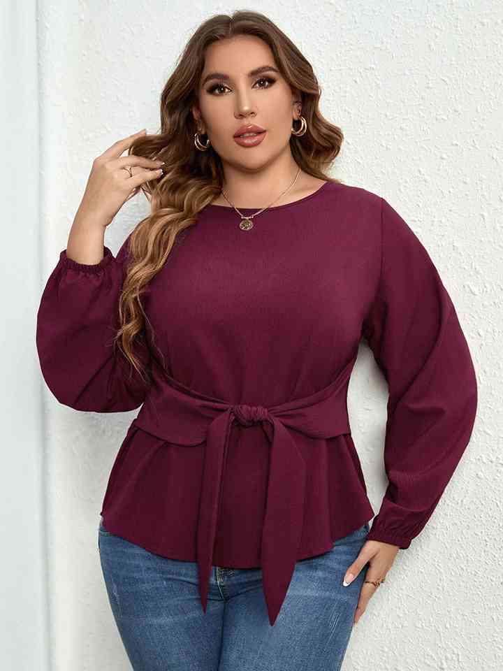 Plus Size Round Neck Tie Waist Long Sleeve Blouse - AllIn Computer