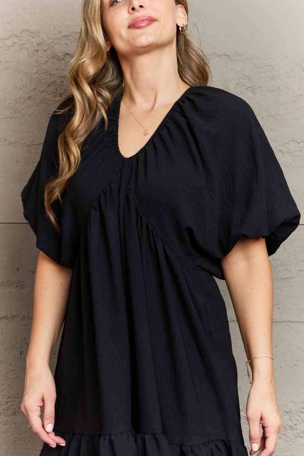Hailey & Co Comfort Cutie Double V-Neck Puff Sleeve Mini Dress - AllIn Computer